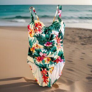 Swim Solutions Tummy-Control One-Piece Swimsuit Women's 12 Tropical Tiki Floral